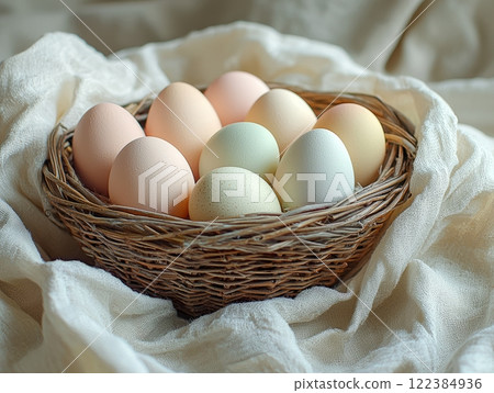 Pastel-colored Easter eggs in a basket for a festive spring celebration. 122384936