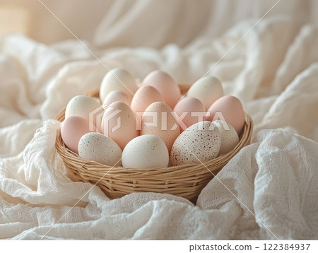 Pastel-colored Easter eggs in a basket for a festive spring celebration. Pastel-colored Easter eggs in a basket for a festive spring celebration. 122384937