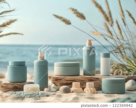 Eco-friendly skincare products on the beach in front of the ocean. 122384942
