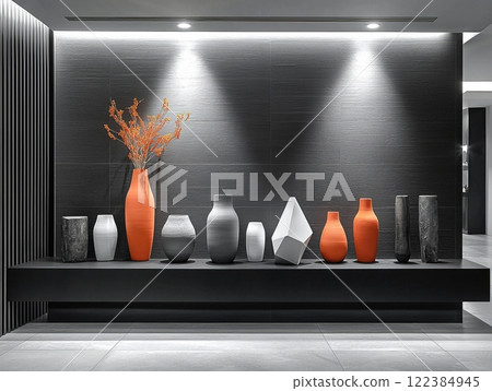 Modern interior with decorative vases and a dramatic black wall. 122384945
