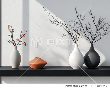 Contemporary interior featuring vases and minimalist decor against a white wall. Contemporary interior featuring vases and minimalist decor against a white wall. 122384947