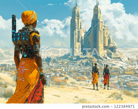 Futuristic African city with bold geometric architecture and travelers 122384971