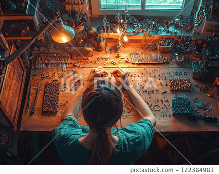 Person crafting handmade jewelry at a wooden desk with beads and tools Person crafting handmade jewelry at a wooden desk with beads and tools 122384981