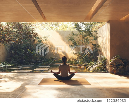 Person practicing yoga in a minimalist indoor space with a lush garden view 122384983