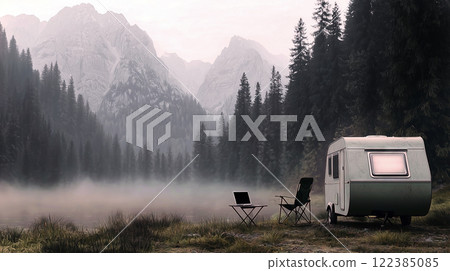 Camper enjoying mountain lake view with laptop on misty morning 122385085
