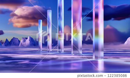 Abstract glass pillars reflecting light in dreamlike winter landscape 122385086