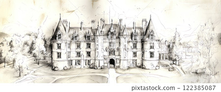 Architect sketching french chateau building illustration 122385087