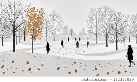 People walking in snowy city park during fall 122385089