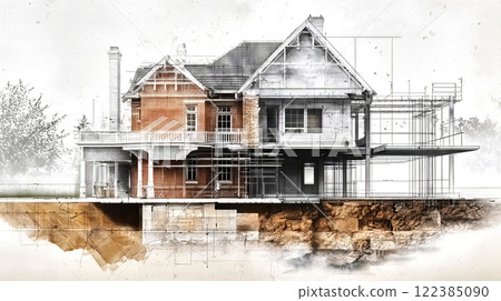 Architectural project combining existing brick house with modern structure 122385090
