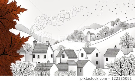 Smoke rising from chimneys in a peaceful mountain village 122385091