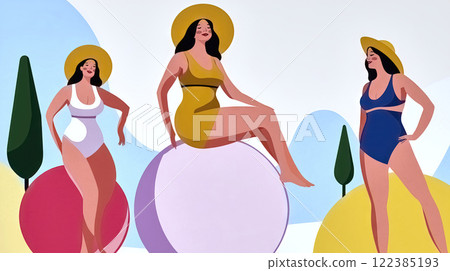 Three curvy women wearing swimsuit posing in a minimalist landscape 122385193