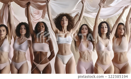 Diverse group of women posing confidently showing body positivity 122385194