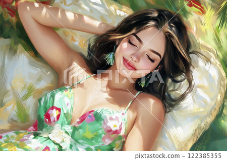 Beautiful woman relaxing in sunlight, enjoying peaceful summer day Beautiful woman relaxing in sunlight, enjoying peaceful summer day 122385355