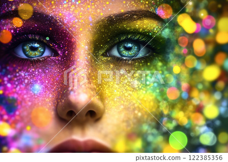 Woman with glittering colorful makeup embracing carnival spirit 122385356
