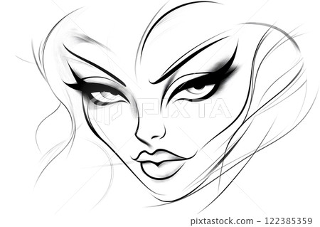 Fashion illustration of a woman with intense eyes and long hair 122385359