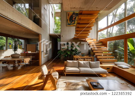 Stylish modern living room featuring wooden staircase and minimalist decor 122385392
