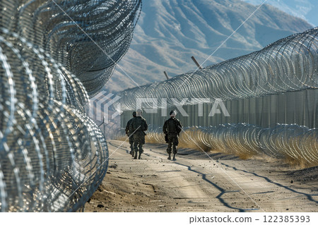 Prison yard security: two guards patrolling inside razor wire-enclosed perimeter 122385393