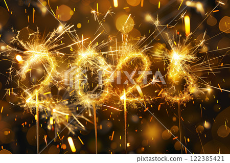 Stunning sparkler fireworks creating a golden new year 2025 background 122385421