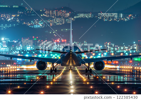 Passenger airplane illuminated on airport runway at night with urban skyline in background 122385430