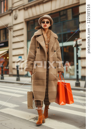 Stylish woman wearing a warm coat enjoys strolling city streets with shopping bags 122385516