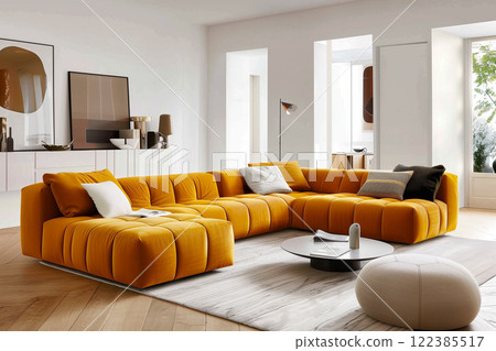 Mustard yellow modular sofa in a stylish minimalist living room design 122385517