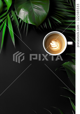Minimalist coffee cup surrounded by tropical leaves on black background from above 122385533