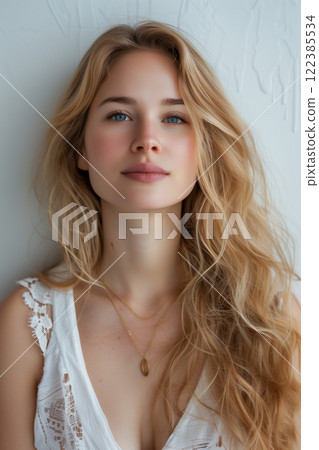 Stunning beauty portrait of a woman with long blonde hair on white background 122385534