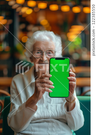 Elderly woman using smartphone with green screen while sitting in a cafe 122385550