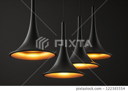 Stylish black hanging lamps emitting a cozy warm glow at night 122385554