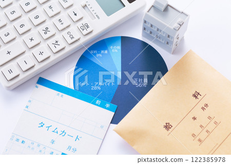 Corporate employment status graph, calculator, salary and time card 122385978