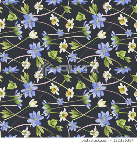 Spring ephemera flowers, blue hepatica forget-me-not flax, white forest anemone primrose bloodroot, grass, hand drawn in watercolor. Seamless pattern illustration for wedding, florist shop, stationery 122386394