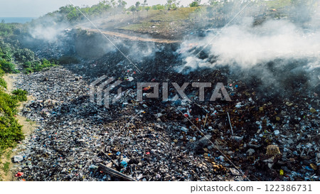 Burning landfill emitting smoke, highlighting environmental pollution and waste management challenges in landscape Burning landfill emitting smoke, highlighting environmental pollution and waste management challenges in landscape 122386731