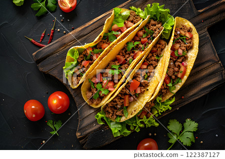 Mexican tacos with beef, vegetables and salsa. Tacos al pastor on wooden board on black background. Top view with copy space Mexican tacos with beef, vegetables and salsa. Tacos al pastor on wooden board on black background. Top view with copy space 122387127