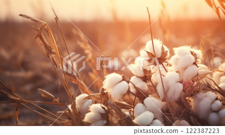 Organic cotton farm harvesting white bolls for textile industry, sustainable practice Organic cotton farm harvesting white bolls for textile industry, sustainable practice 122387223