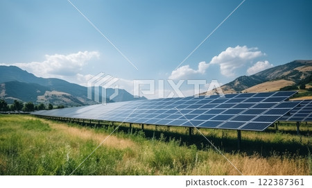 Solar farm and sunlight for green energy - sustainable renewable energy with photovoltaic power 122387361