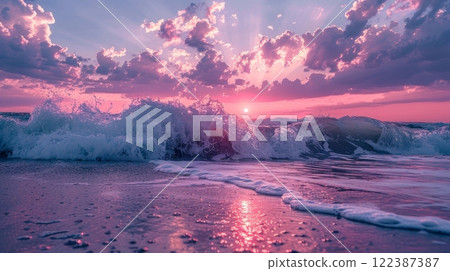 Stunning coastal waves at sunset in soft pink shades on a banner for a relaxing atmosphere Stunning coastal waves at sunset in soft pink shades on a banner for a relaxing atmosphere 122387387