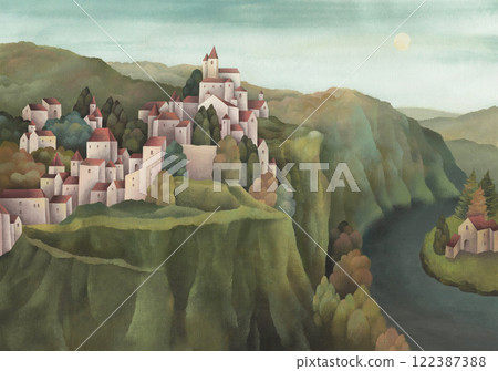 河邊歐洲小村莊水彩畫風景圖 122387388