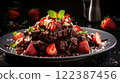 Tasty grilled beef steak and ripe fresh strawberries served with herbs and seasoning 122387456