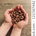 Male hands holding a handful of cocoa beans. Table top view 122387482