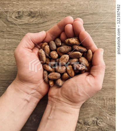 Male hands holding a handful of cocoa beans. Table top view 122387482