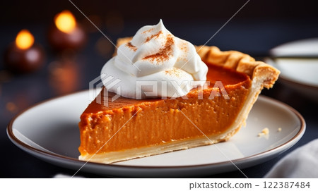 Delicious southern sweet potato pie similar to pumpkin pie on blurred white kitchen background 122387484