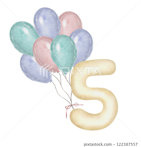 Watercolor Illustration of Number Five with Balloons 122387557