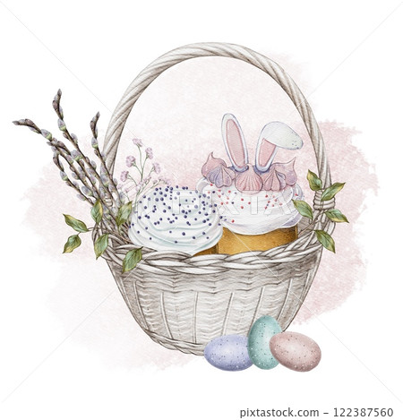 Watercolor Easter Basket with Cakes and Eggs 122387560