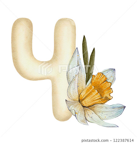 Watercolor Illustration of Number Four with a Daffodil 122387614