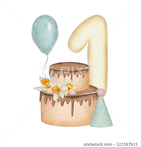 First Birthday Celebration: Cake, Balloon, and Number one 122387615