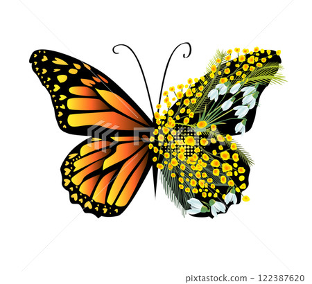 Butterfly with mimosa and snowdrop flowers. hand drawing. Not AI. Vector illustration. Butterfly with mimosa and snowdrop flowers. hand drawing. Not AI. Vector illustration. 122387620