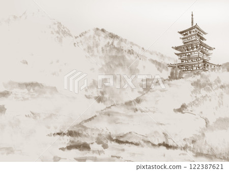 水彩畫奈良五層寶塔的棕褐色風景插圖[手繪]單調，帶複製空間 122387621