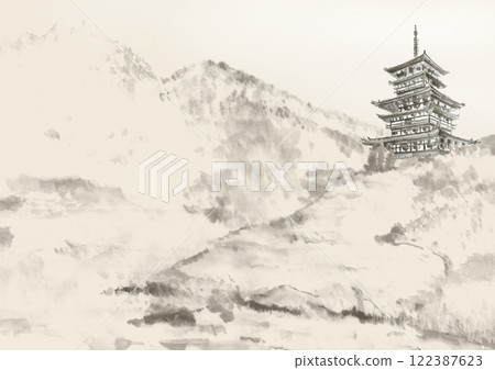 奈良五層寶塔水彩畫水墨山水圖[手繪]單調，附複製空間 122387623