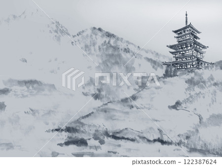 A cool-toned landscape illustration of the five-story pagoda of Nara, painted in watercolors [hand-drawn] Monotone, copy space available 122387624