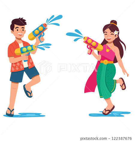 A Couple Enjoying Songkran Festival A Couple Enjoying Songkran Festival 122387676